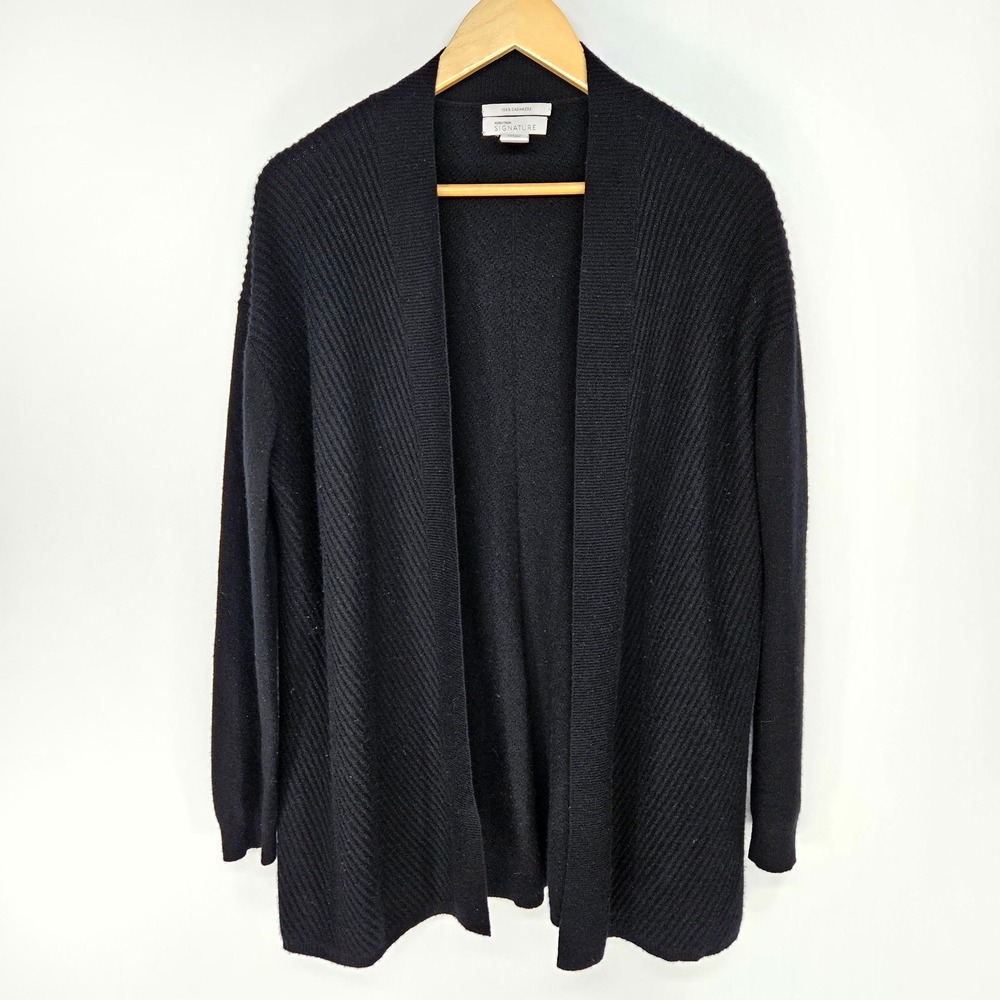 Nordstrom Signature Cardigan Womens M Black Cashmere Ribbed Open Front Sweater
